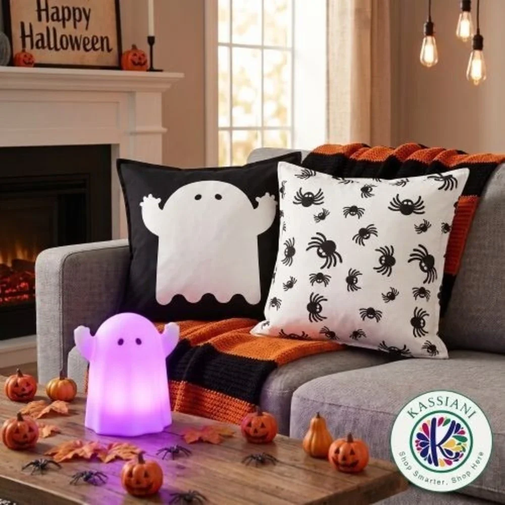 IKEA KUSTFYR Halloween Ghost Spiders Cushion Covers 20x20 Reversible Cotton Set2